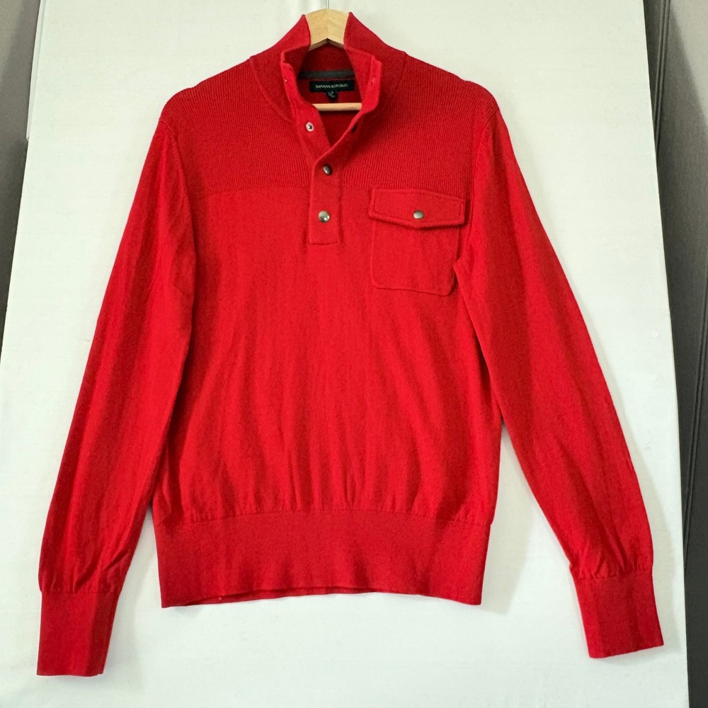 Banana Republic Mens Red Mock Neck Snap Button Pullover Sweater Small